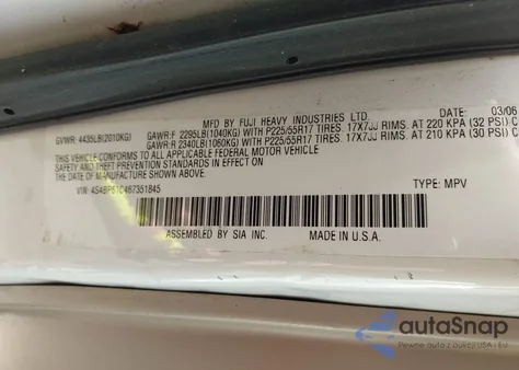 2006 Subaru Outback 2.5I из США, поврежденный, VIN 4S4BP61C467351845